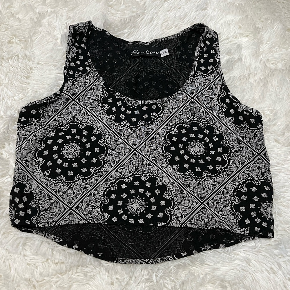 Bandana Crop Tank Top - Black / White - Sleeveless - Women’s Size XS